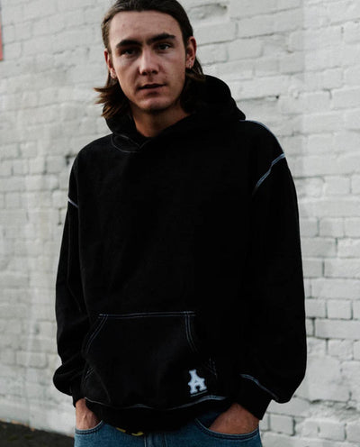 Arcade - Script Contrast Stitched Overlock Hood - Black Hoodies Arcade   