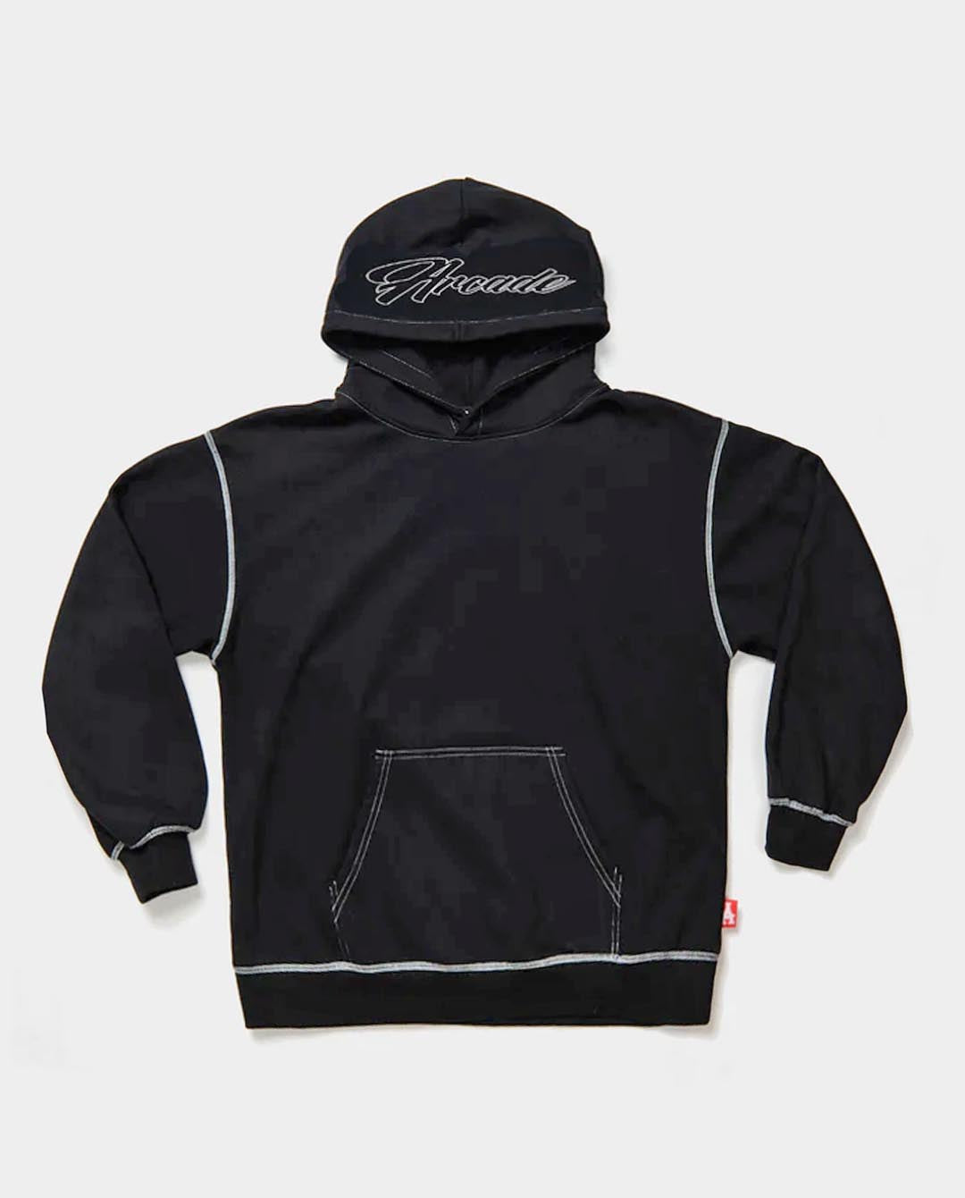 Arcade - Script Contrast Stitched Overlock Hood - Black Hoodies Arcade   