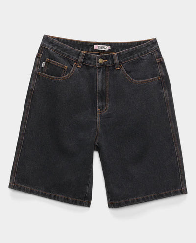 S/Double - Embroidered Denim Standard Short - Washed Black Shorts S/Double