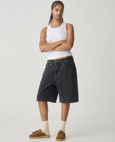 S/Double - Embroidered Denim Standard Short - Washed Black Shorts S/Double